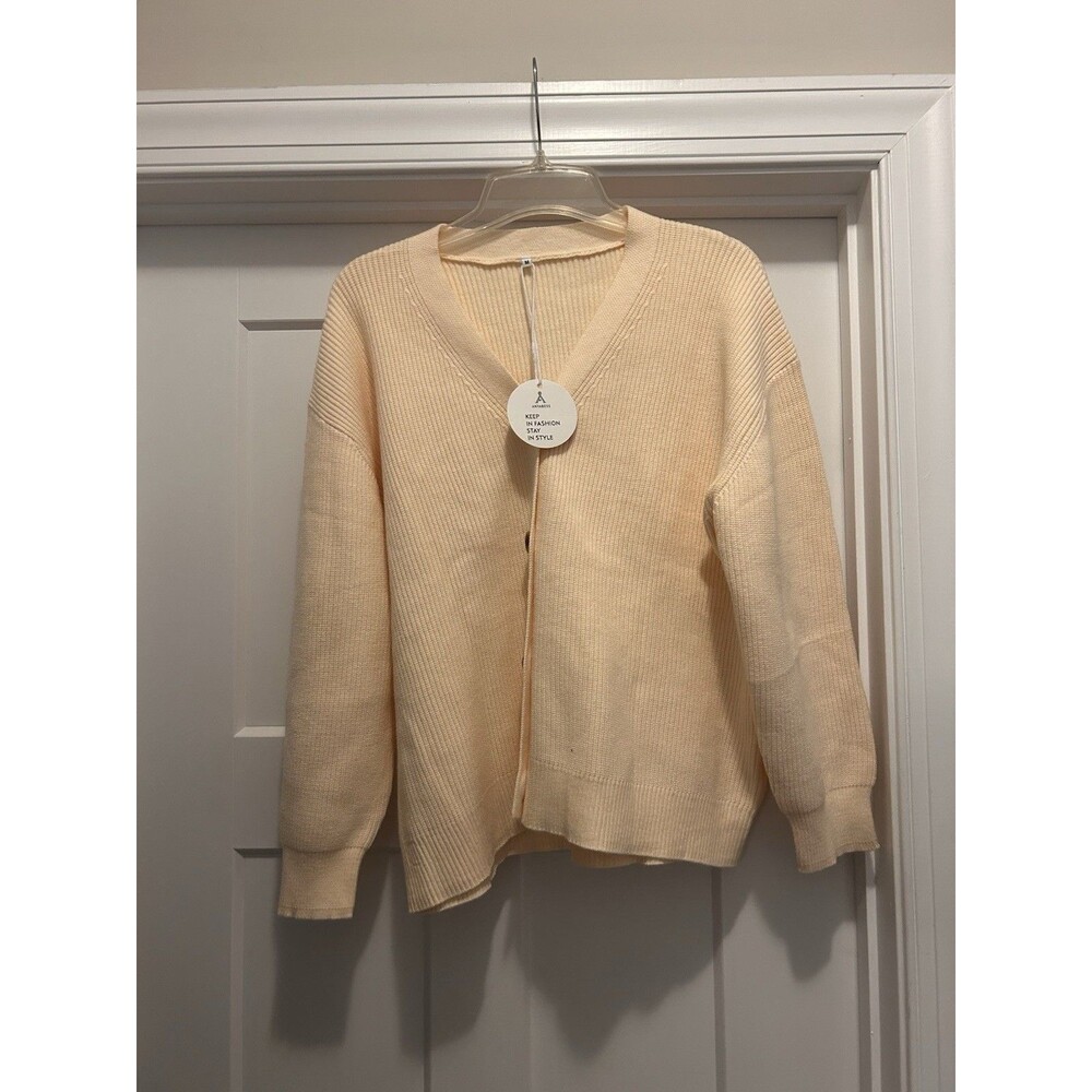 ANRABESS Cardigan Sweater Button Down V Neck Ribbed Cream Ivory Minimalist Cozy